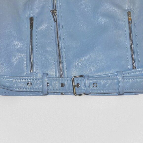 Medium GUESS Baby Blue Scarlett Faux Leatherette double breasted Moto Jacket - Picture 8 of 11